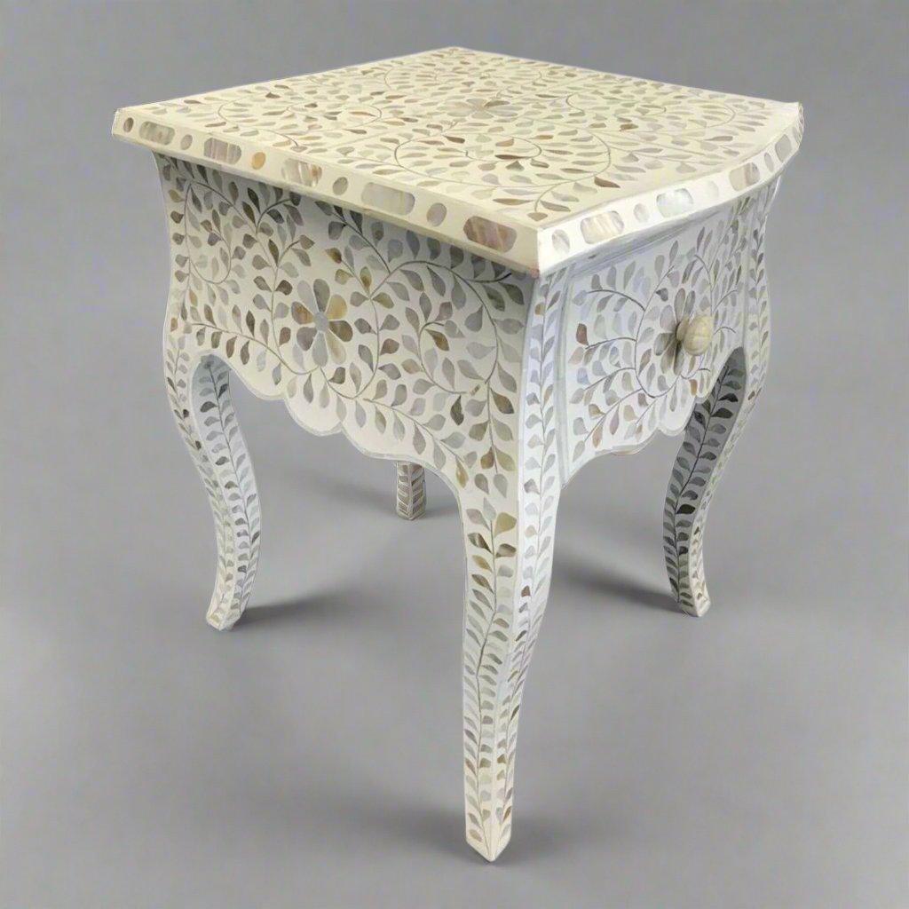 Gorgeous mother of pearl and resin inlay floral pattern wooden one drawer bedside nightstand/side table in white