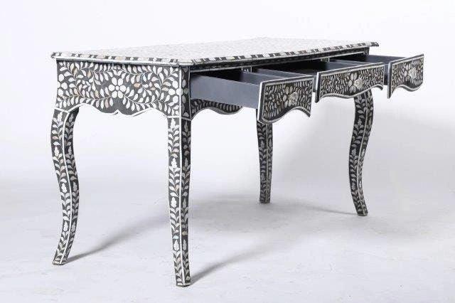 Mother of pearl inlay floral pattern with three drawer wooden console or writing desk table