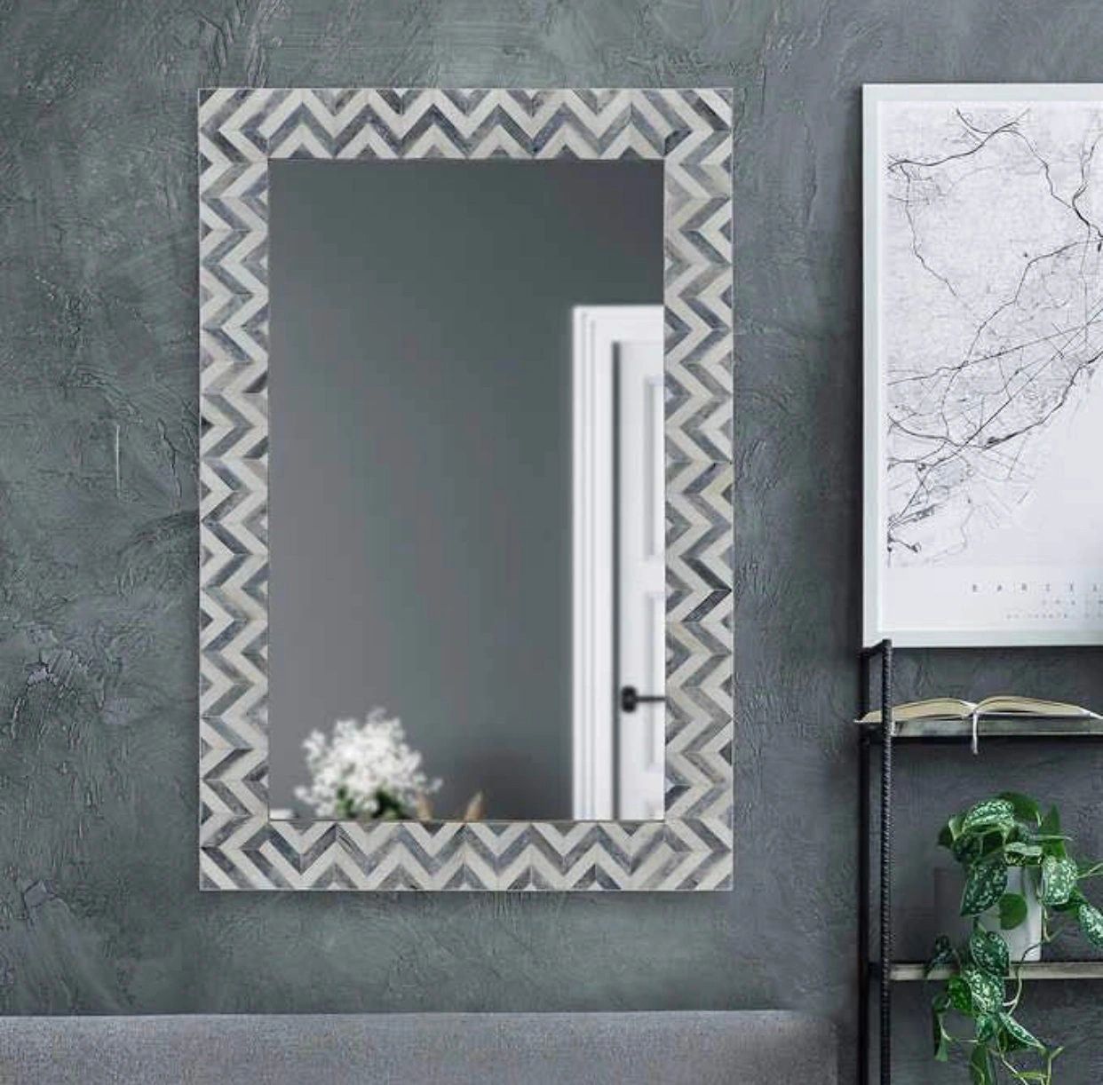 Heritage inlay wall mirror frame in zig-zag pattern in grey and white