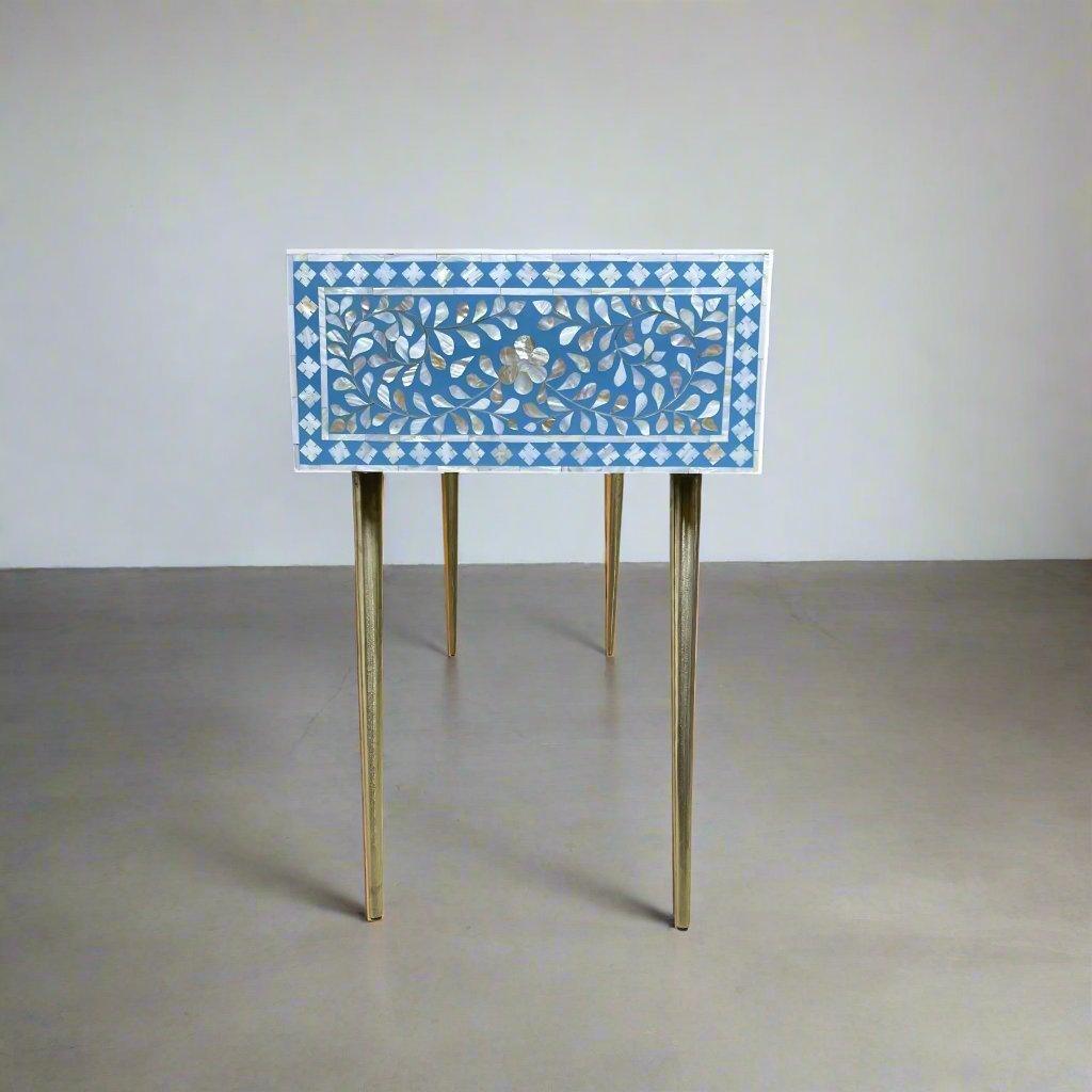 Mother of Pearl Inlay 2 Drawer Desk or Console Gold Coated Metal Legs