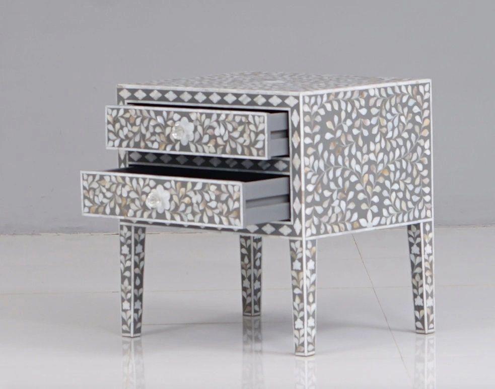 Mother of pearl inlay floral pattern wooden two drawer bedside / nightstand / side table