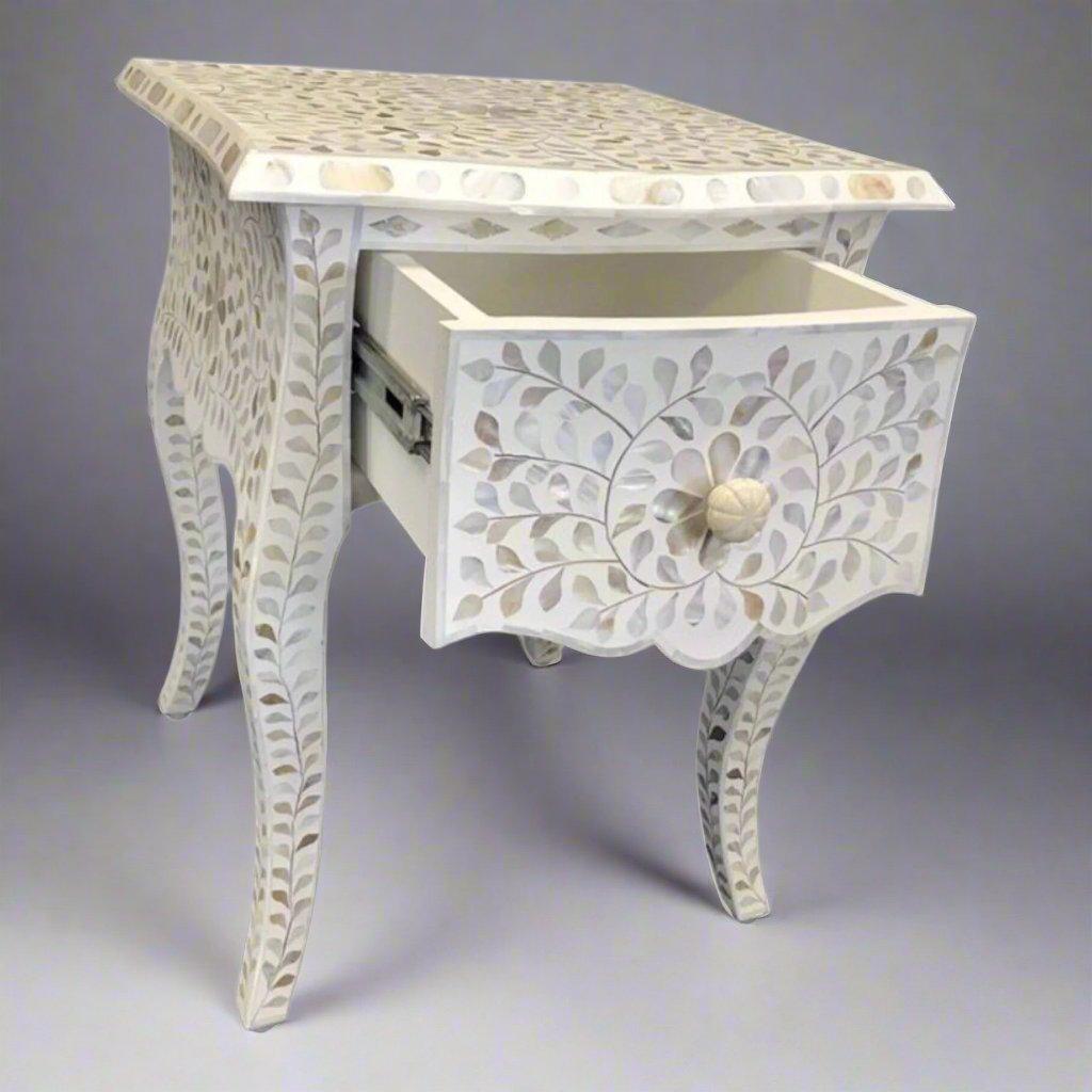 Gorgeous mother of pearl and resin inlay floral pattern wooden one drawer bedside nightstand/side table in white