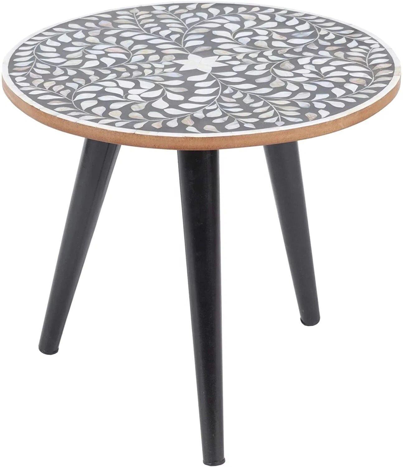 MOP inlay in Black floral pattern wooden plant stand or side table