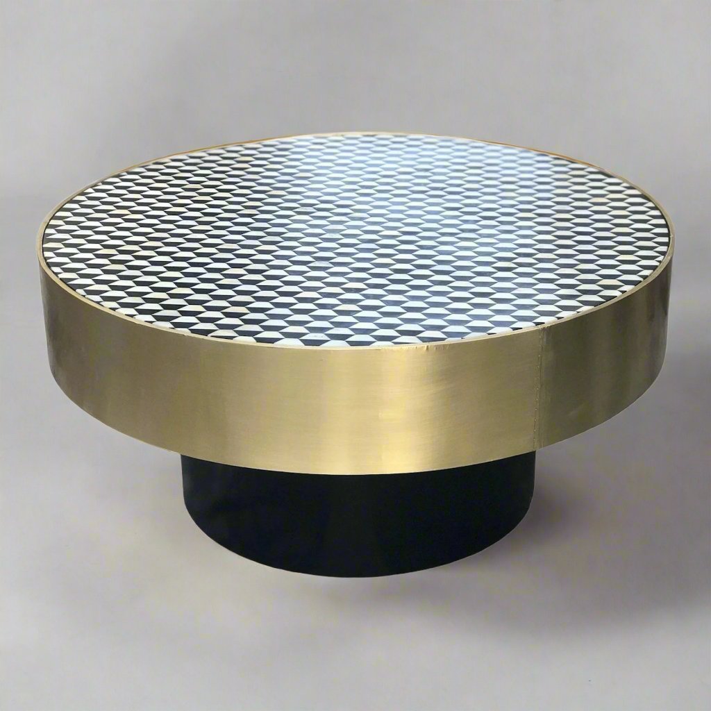 Brass coffee table with Heritage inlay geometric pattern top and black wooden base