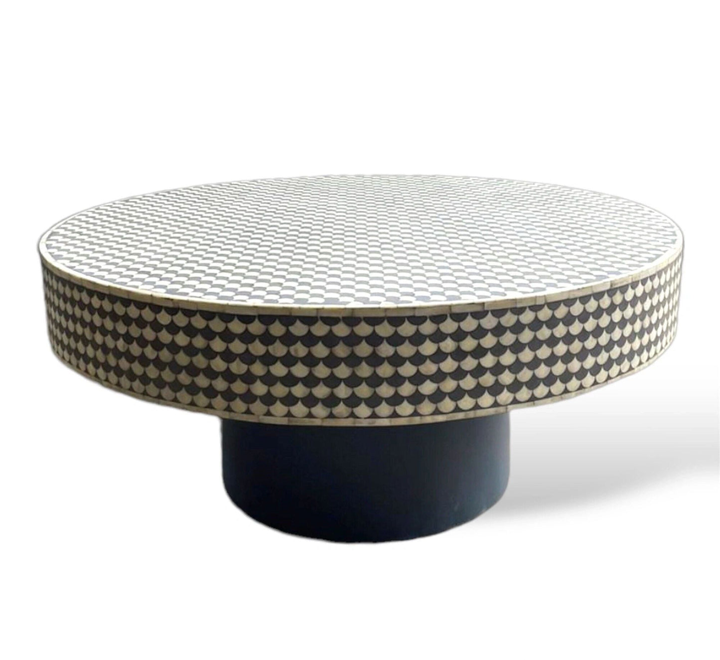 Heritage inlay pattern on wooden round coffee table