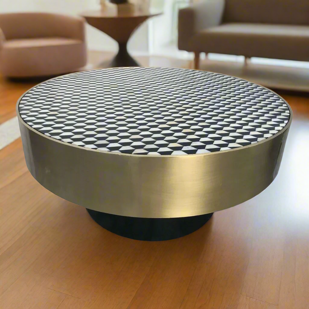 Brass round coffee table with Heritage inlay geometric pattern top and black wooden base
