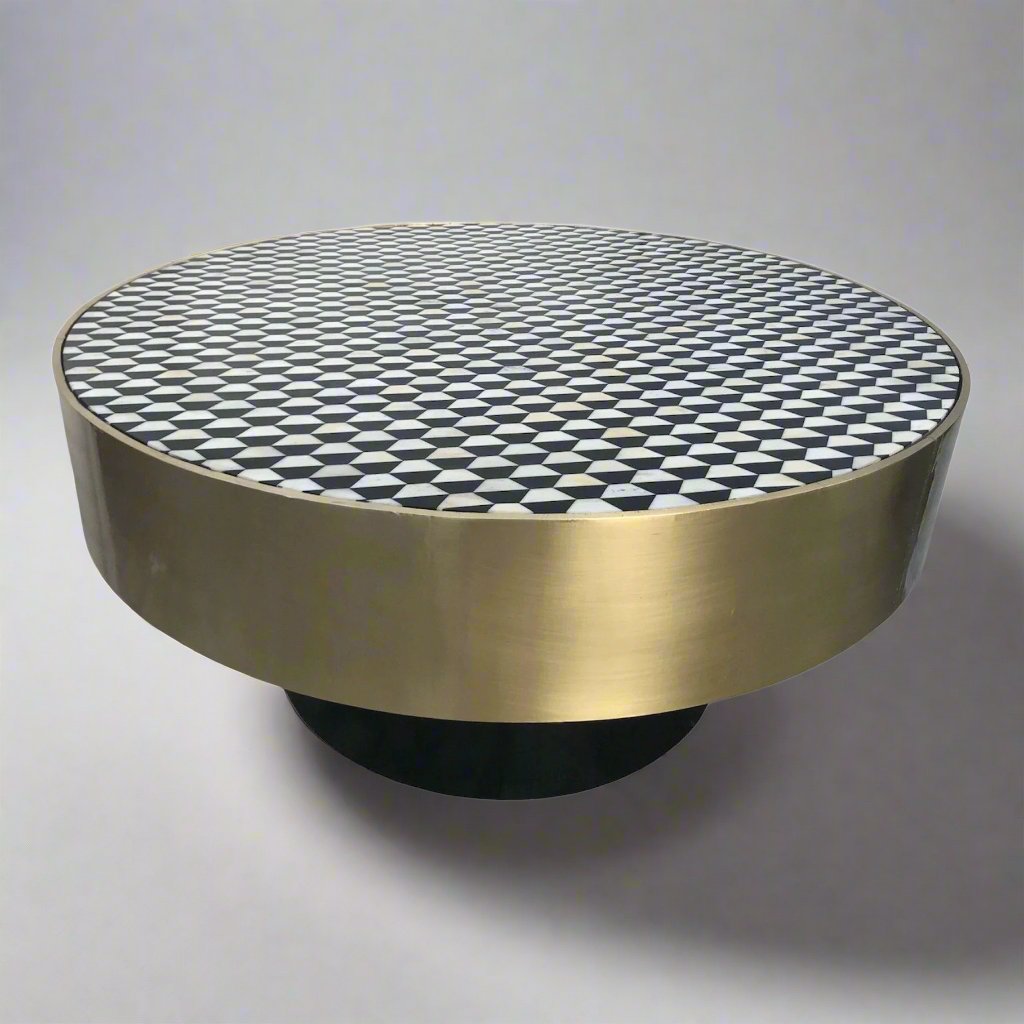 Brass coffee table with Heritage inlay geometric pattern top and black wooden base
