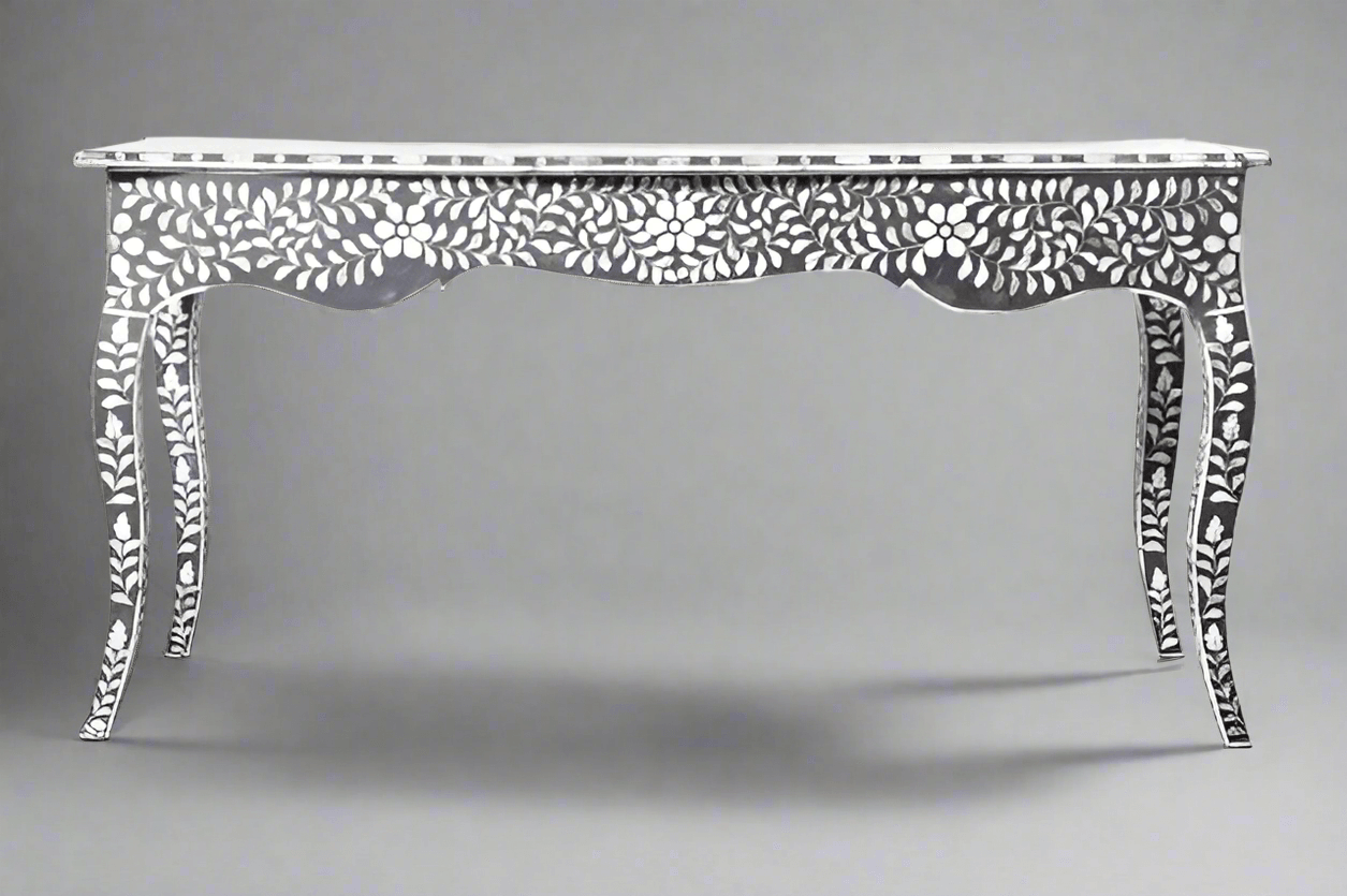 Mother of pearl inlay floral pattern with three drawer wooden console or writing desk table