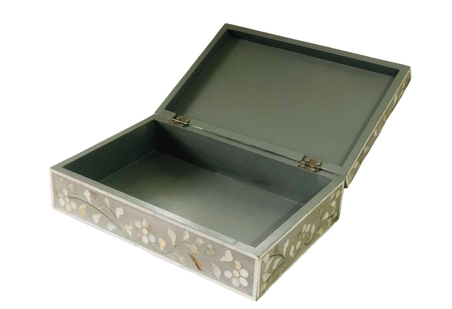 and Mother of Pearl inlay wooden jewellery storage box for home in grey