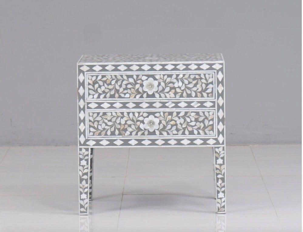 Mother of pearl inlay floral pattern wooden two drawer bedside / nightstand / side table