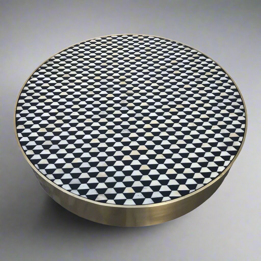 Brass coffee table with Heritage inlay geometric pattern top and black wooden base
