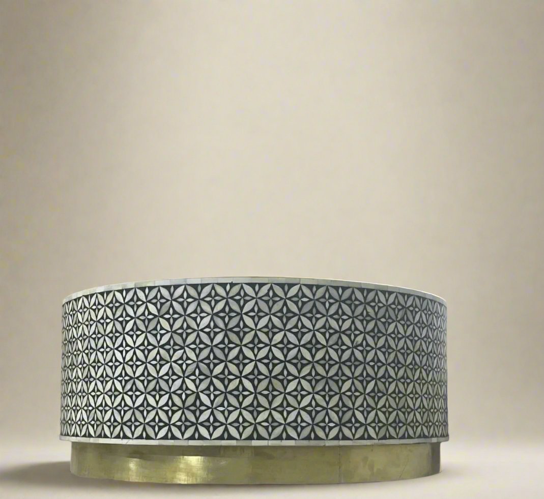 Heritage inlay geometric pattern on wooden round coffee table