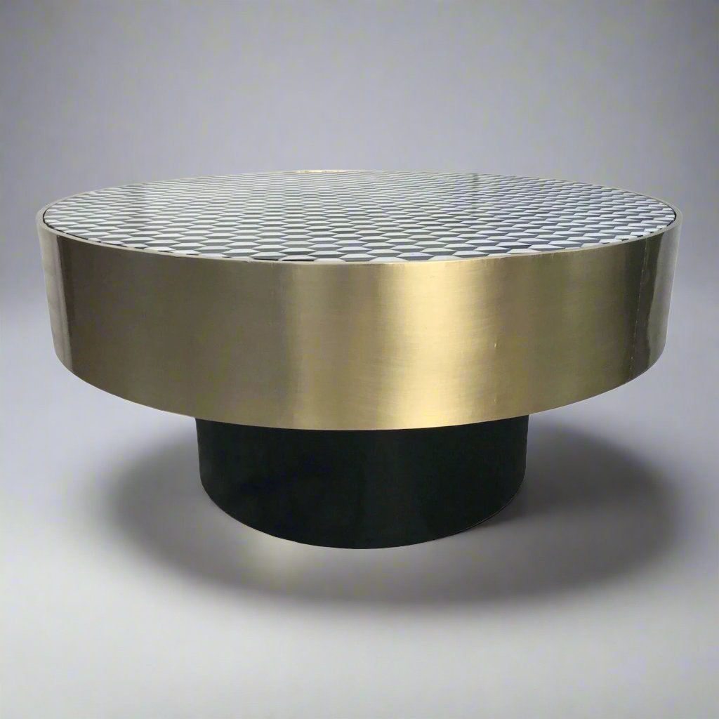 Brass coffee table with Heritage inlay geometric pattern top and black wooden base
