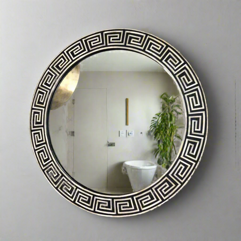 Heritage inlay round wall mirror frame in geometric pattern