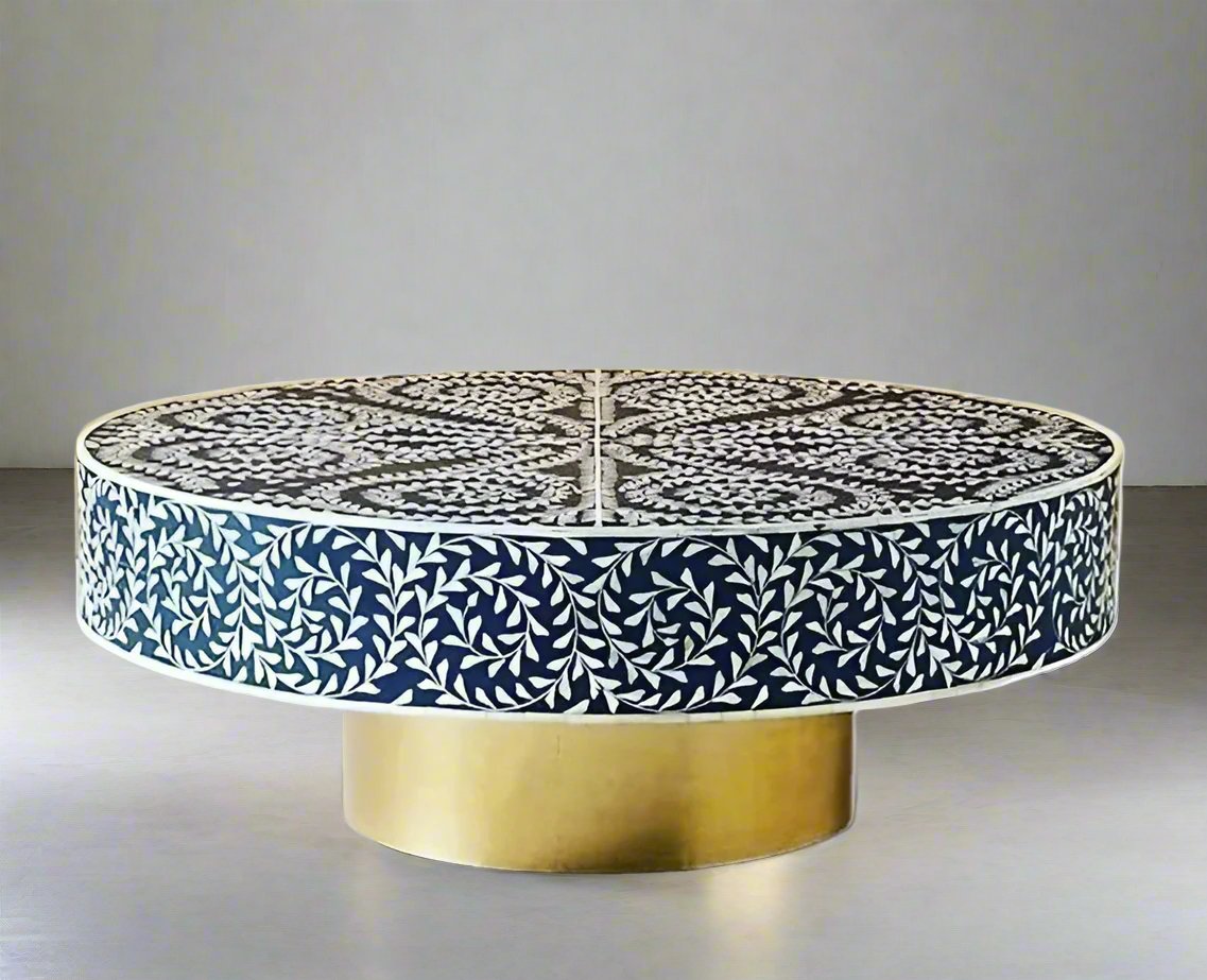 Heritage inlay floral pattern with brass metal base on wooden round coffee table in Navy blue