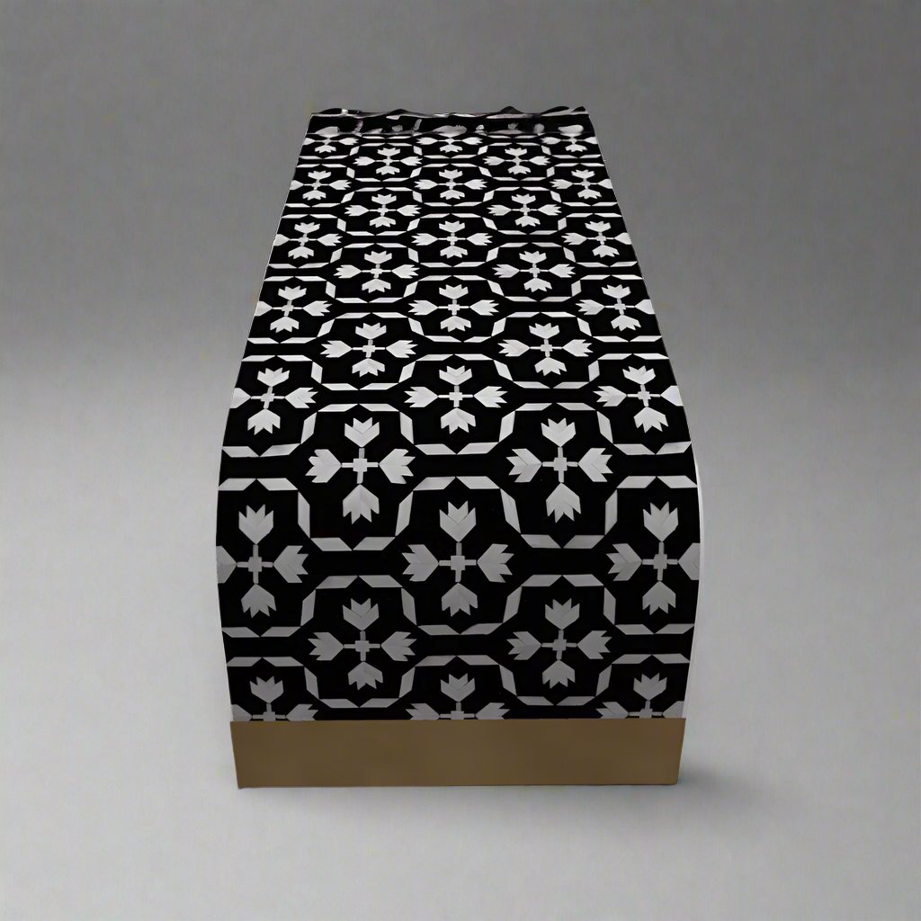Heritage inlay geometric pattern with brass metal base legs wooden waterfall coffee table