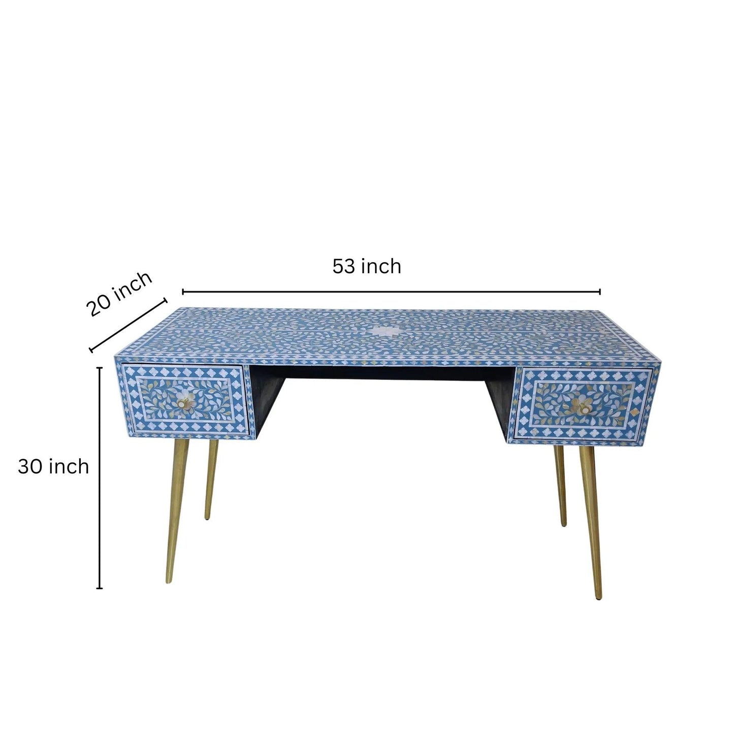 Mother of Pearl Inlay 2 Drawer Desk or Console Gold Coated Metal Legs