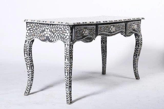 Mother of pearl inlay floral pattern with three drawer wooden console or writing desk table