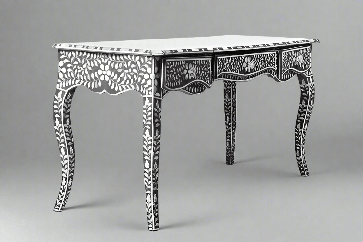 Mother of pearl inlay floral pattern with three drawer wooden console or writing desk table