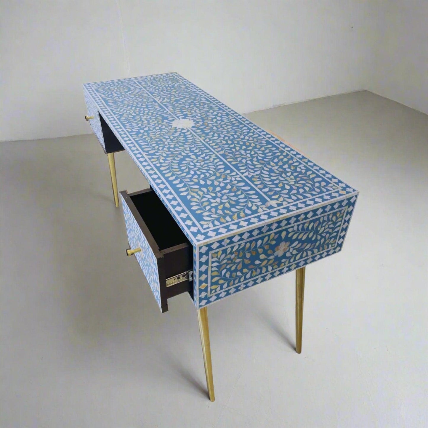 Mother of Pearl Inlay 2 Drawer Desk or Console Gold Coated Metal Legs