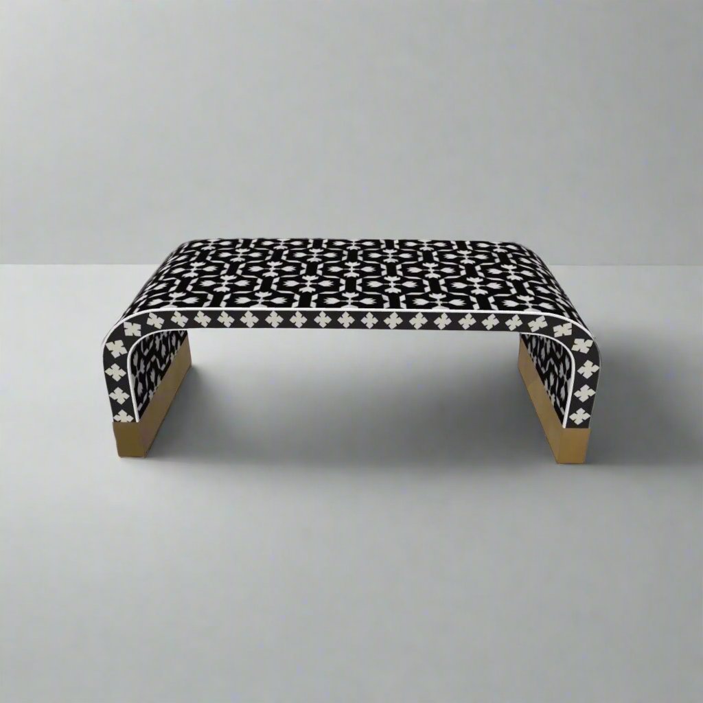 Heritage inlay geometric pattern with brass metal base legs wooden waterfall coffee table