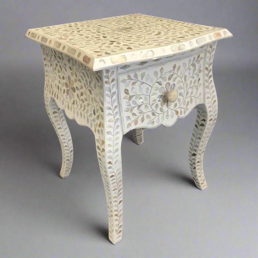 Gorgeous mother of pearl and resin inlay floral pattern wooden one drawer bedside nightstand/side table in white
