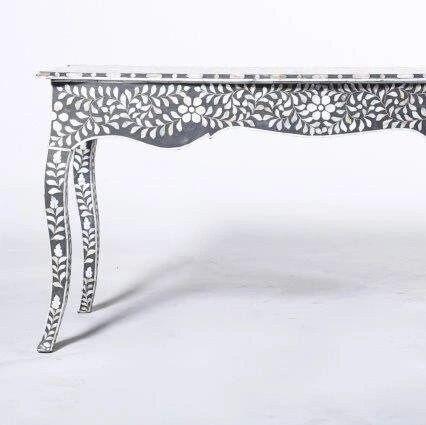 Mother of pearl inlay floral pattern with three drawer wooden console or writing desk table