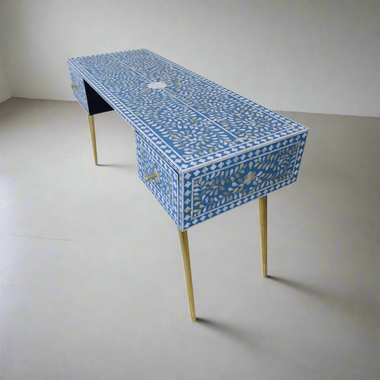 Mother of Pearl Inlay 2 Drawer Desk or Console Gold Coated Metal Legs