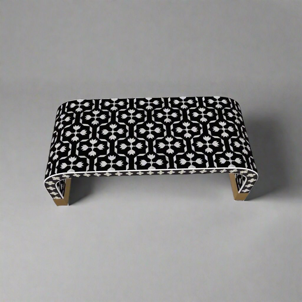 Heritage inlay geometric pattern with brass metal base legs wooden waterfall coffee table