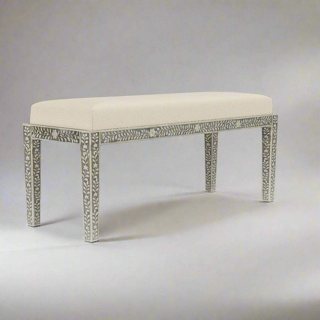 Heritage Inlay Floral Pattern Bench with elegant design and cream upholstery, perfect for adding a timeless touch to any space.
