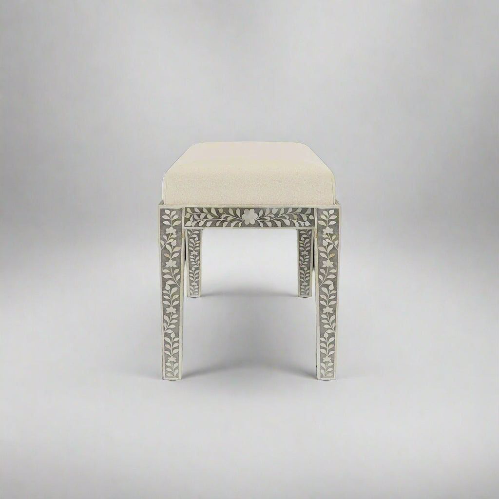 Heritage Inlay Floral Bench with cream cushion, featuring intricate floral patterns, perfect for elegant home decor.