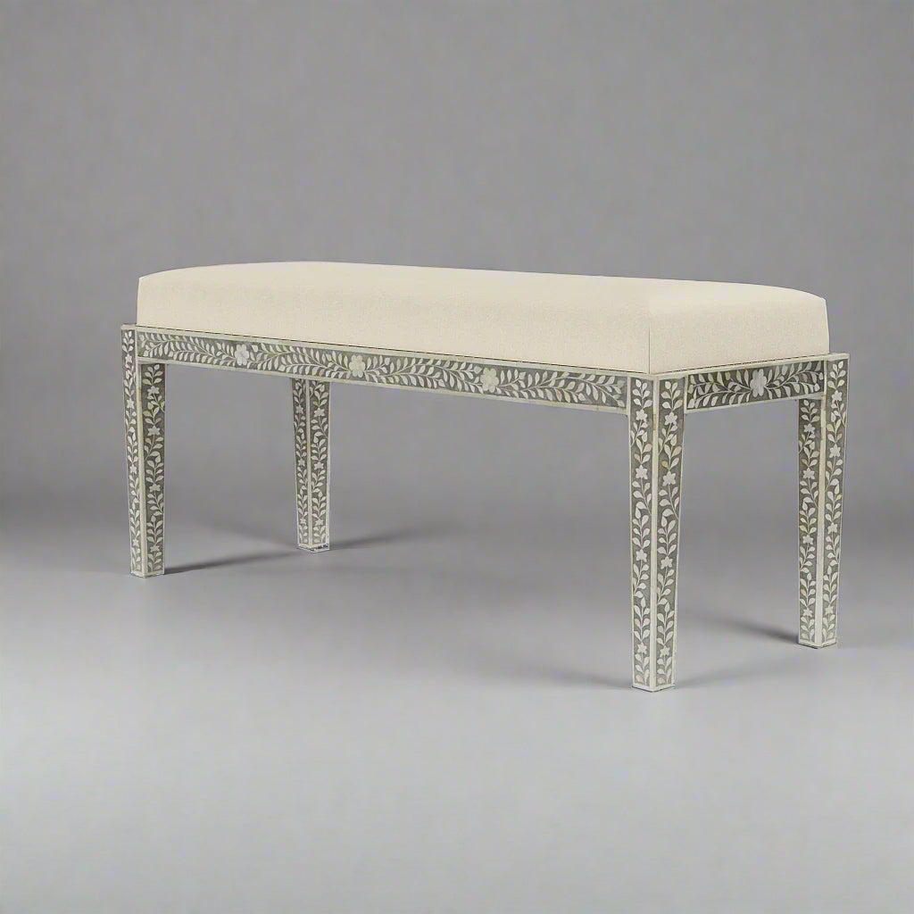 Heritage Inlay floral pattern bench with elegant design and neutral cushion, perfect for any decor.