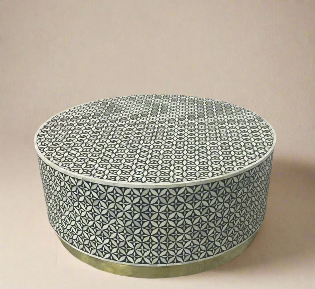 Heritage inlay geometric pattern on wooden round coffee table