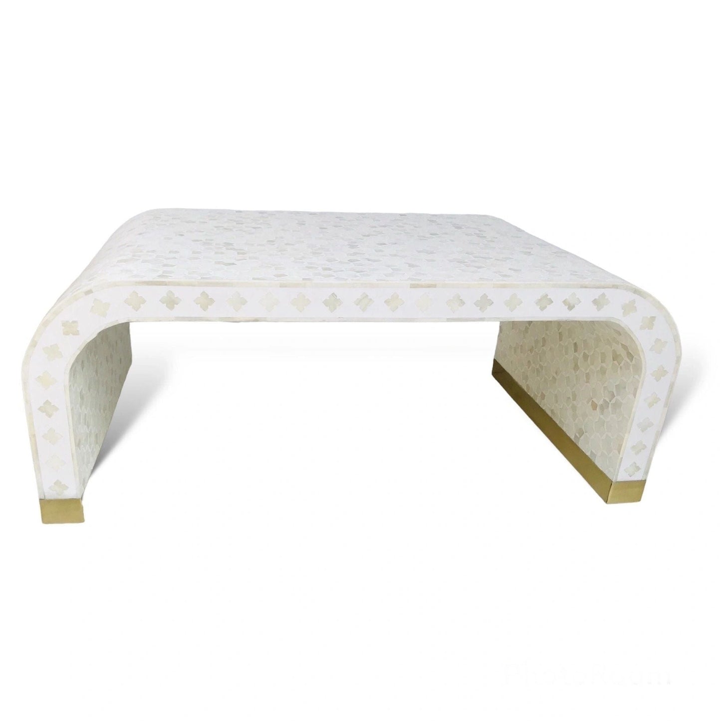 New Heritage inlay Targua pattern with brass metal base legs wooden waterfall coffee table