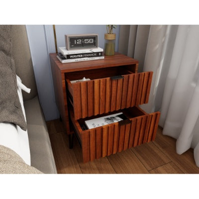 Flutted Wooden Nightstand / Bedside With 2 Drawers