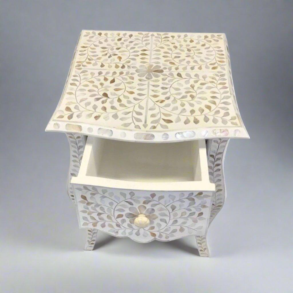 Gorgeous mother of pearl and resin inlay floral pattern wooden one drawer bedside nightstand/side table in white