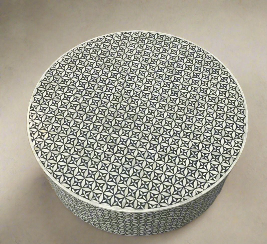 Heritage inlay geometric pattern on wooden round coffee table