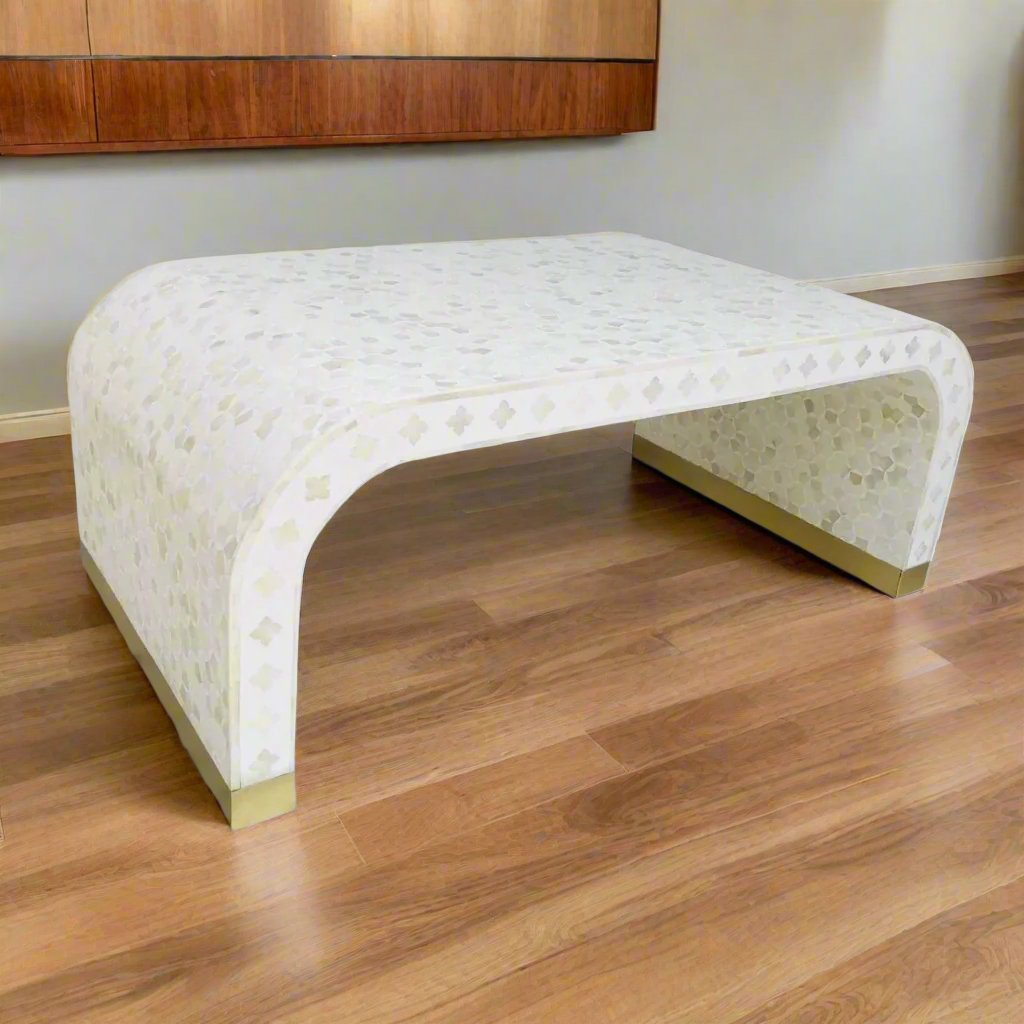 New Heritage inlay Targua pattern with brass metal base legs wooden waterfall coffee table