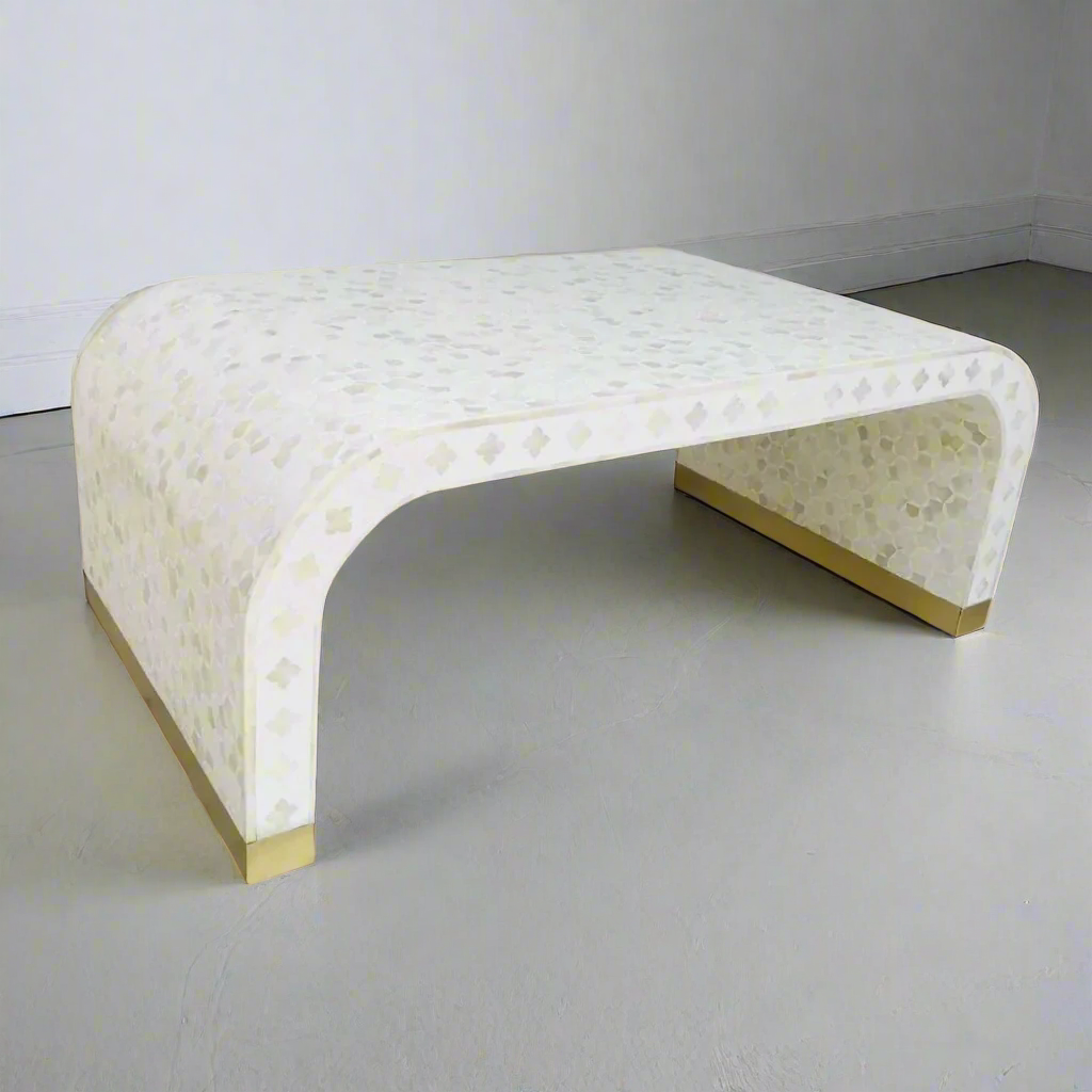 Heritage inlay Targua pattern with brass metal base legs wooden waterfall coffee table