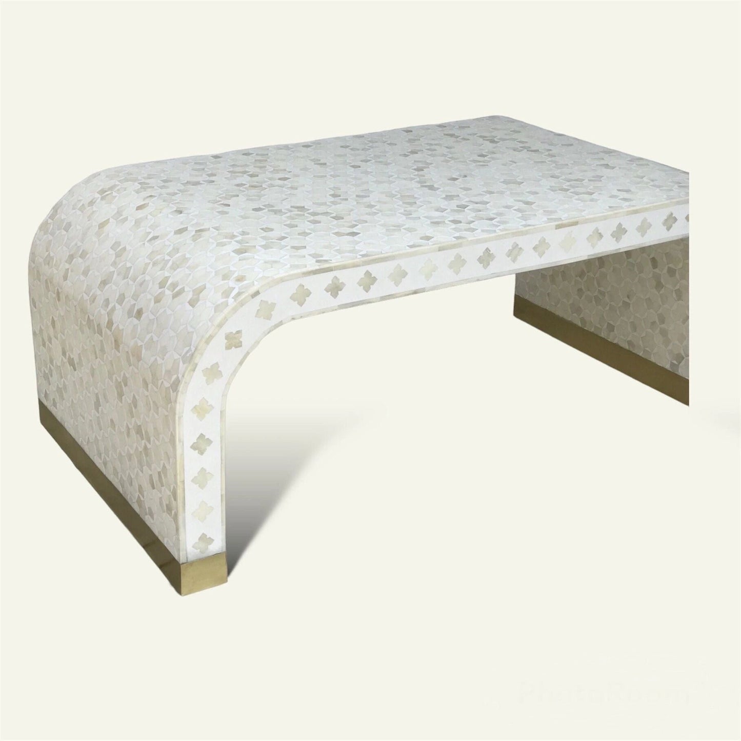 New Heritage inlay Targua pattern with brass metal base legs wooden waterfall coffee table