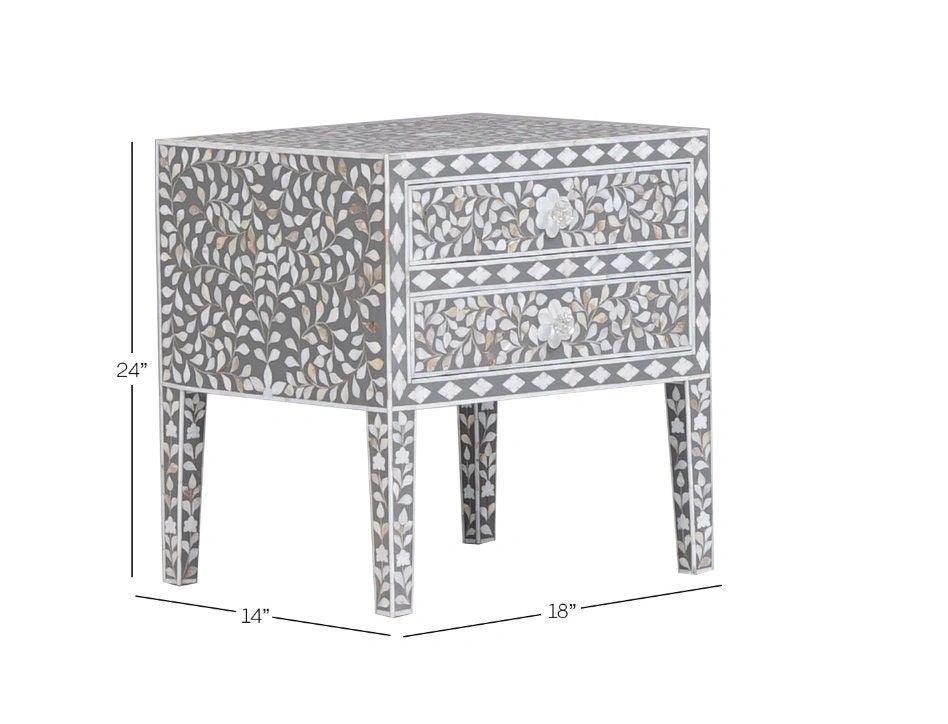 Mother of pearl inlay floral pattern wooden two drawer bedside / nightstand / side table