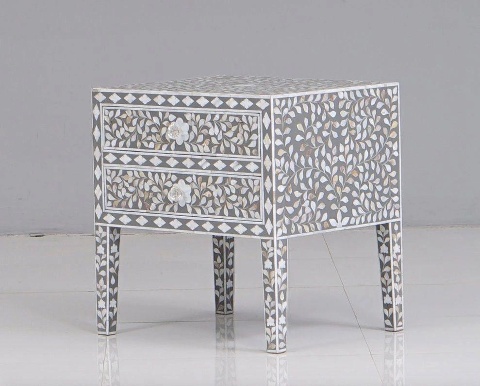 Mother of pearl inlay floral pattern wooden two drawer bedside / nightstand / side table