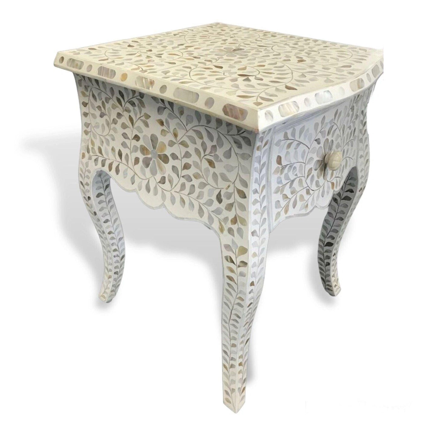Gorgeous mother of pearl and resin inlay floral pattern wooden one drawer bedside nightstand/side table in white