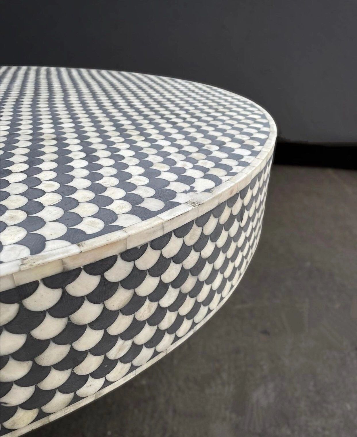 Heritage inlay pattern on wooden round coffee table