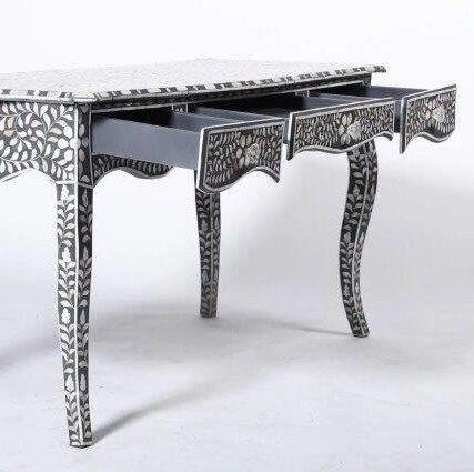 Mother of pearl inlay floral pattern with three drawer wooden console or writing desk table