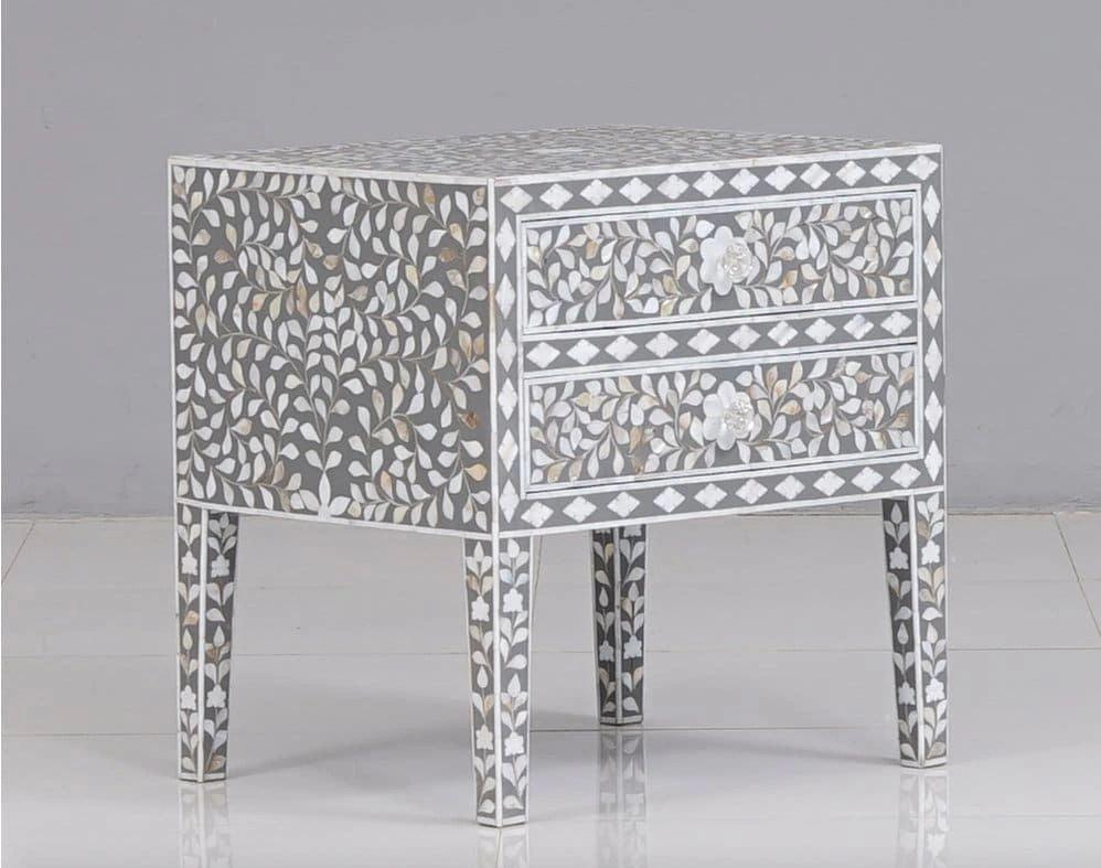 Mother of pearl inlay floral pattern wooden two drawer bedside / nightstand / side table