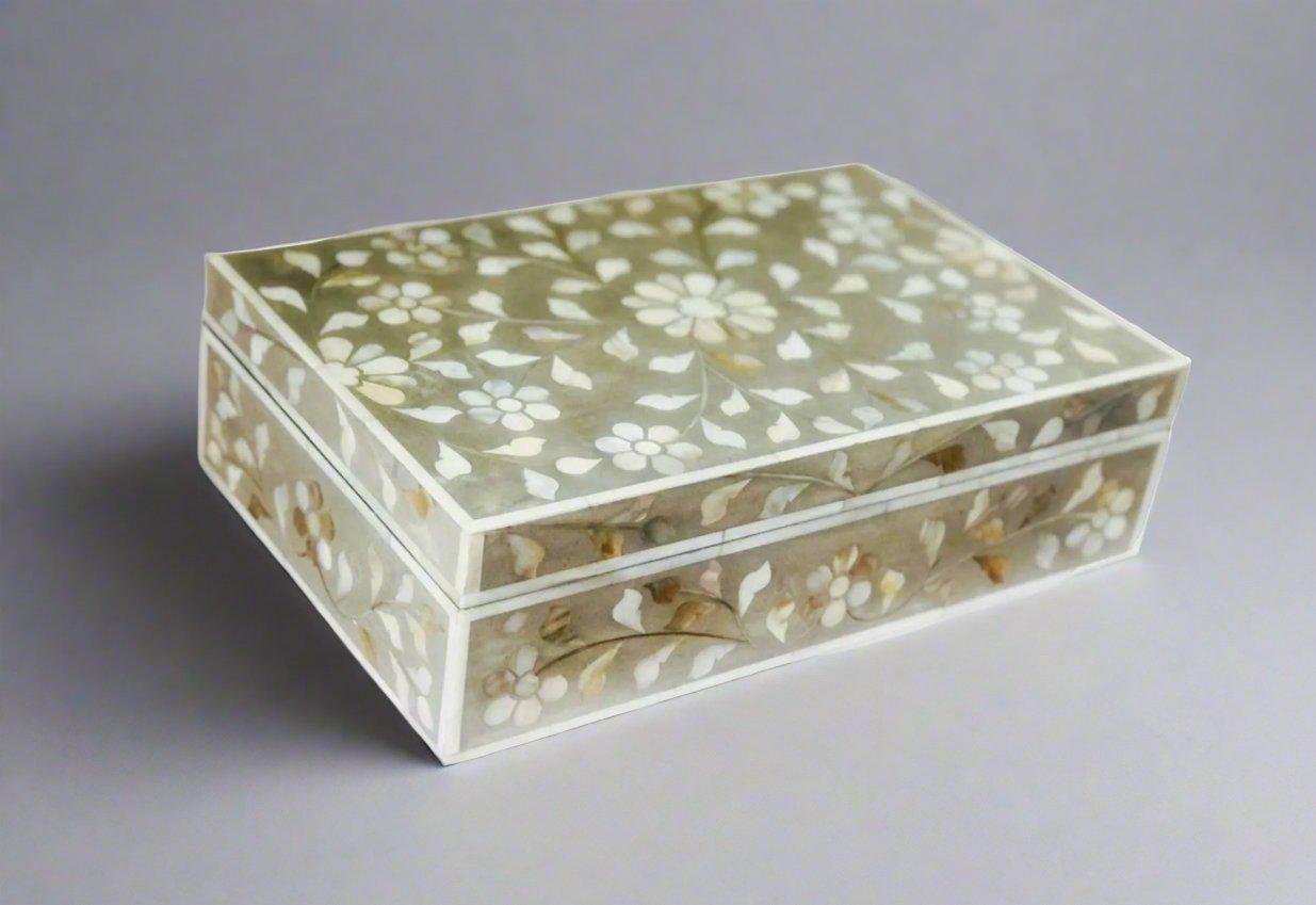 and Mother of Pearl inlay wooden jewellery storage box for home in grey
