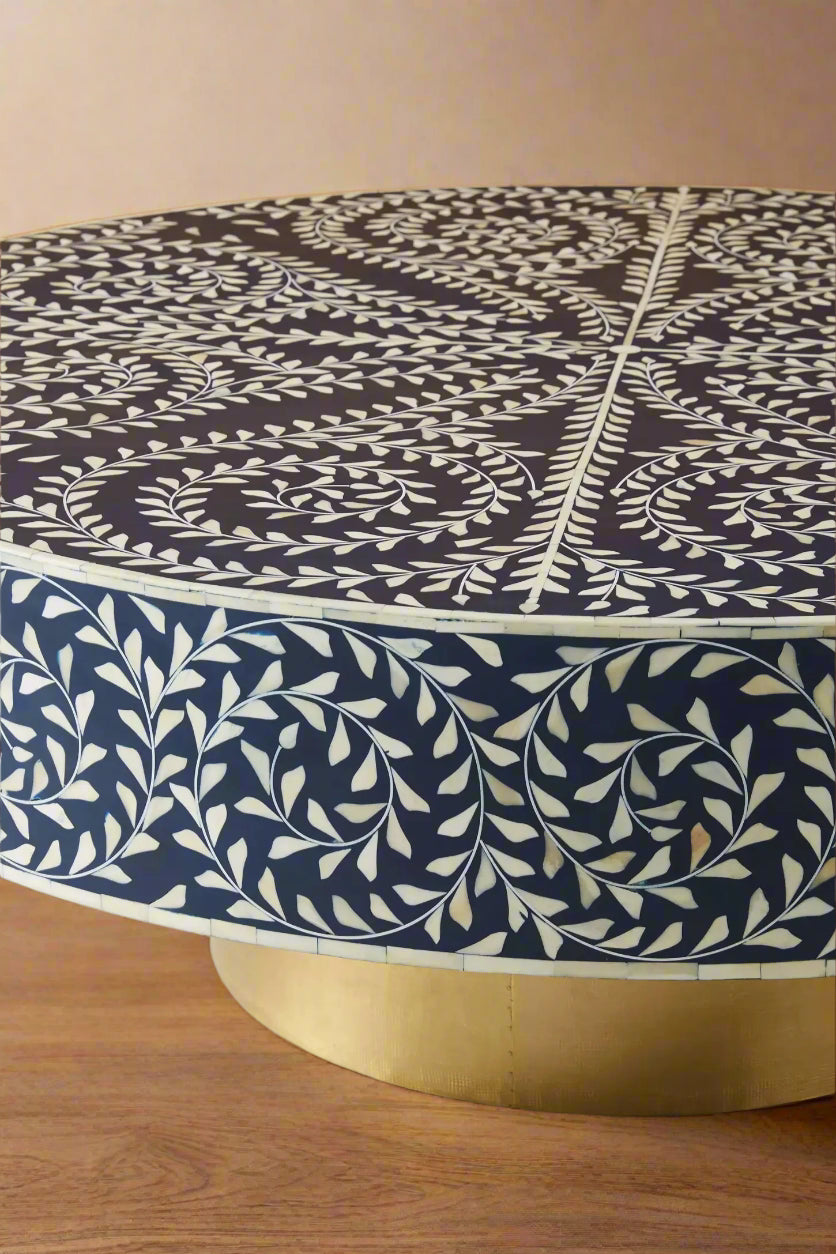 Heritage inlay floral pattern with brass metal base round coffee table in Navy blue