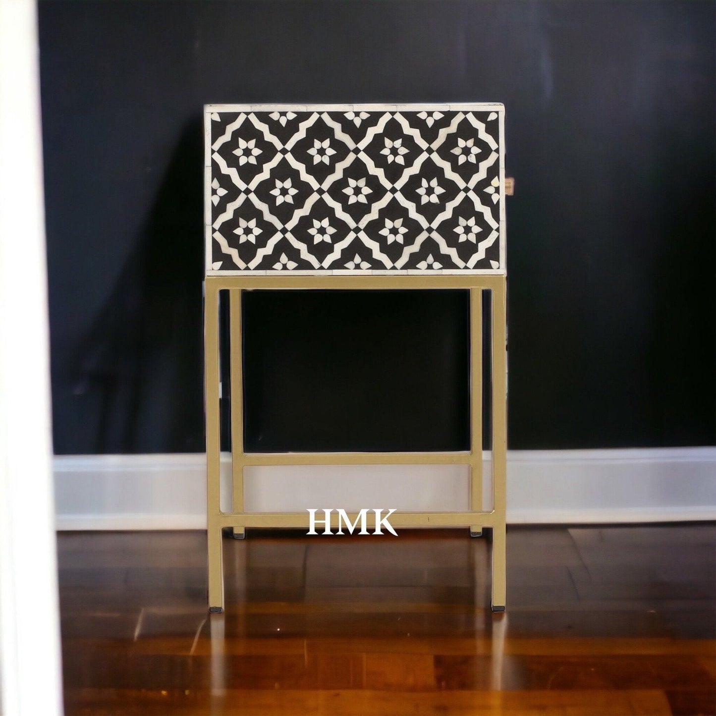 Heritage inlay morocco pattern wooden one drawer bedside / nightstand / side table with golden stand