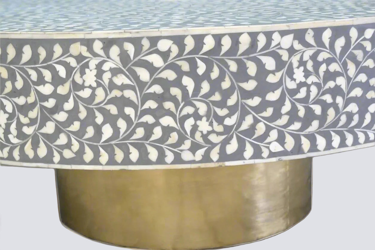 Heritage inlay floral pattern with brass base on wooden coffee table for the living room.